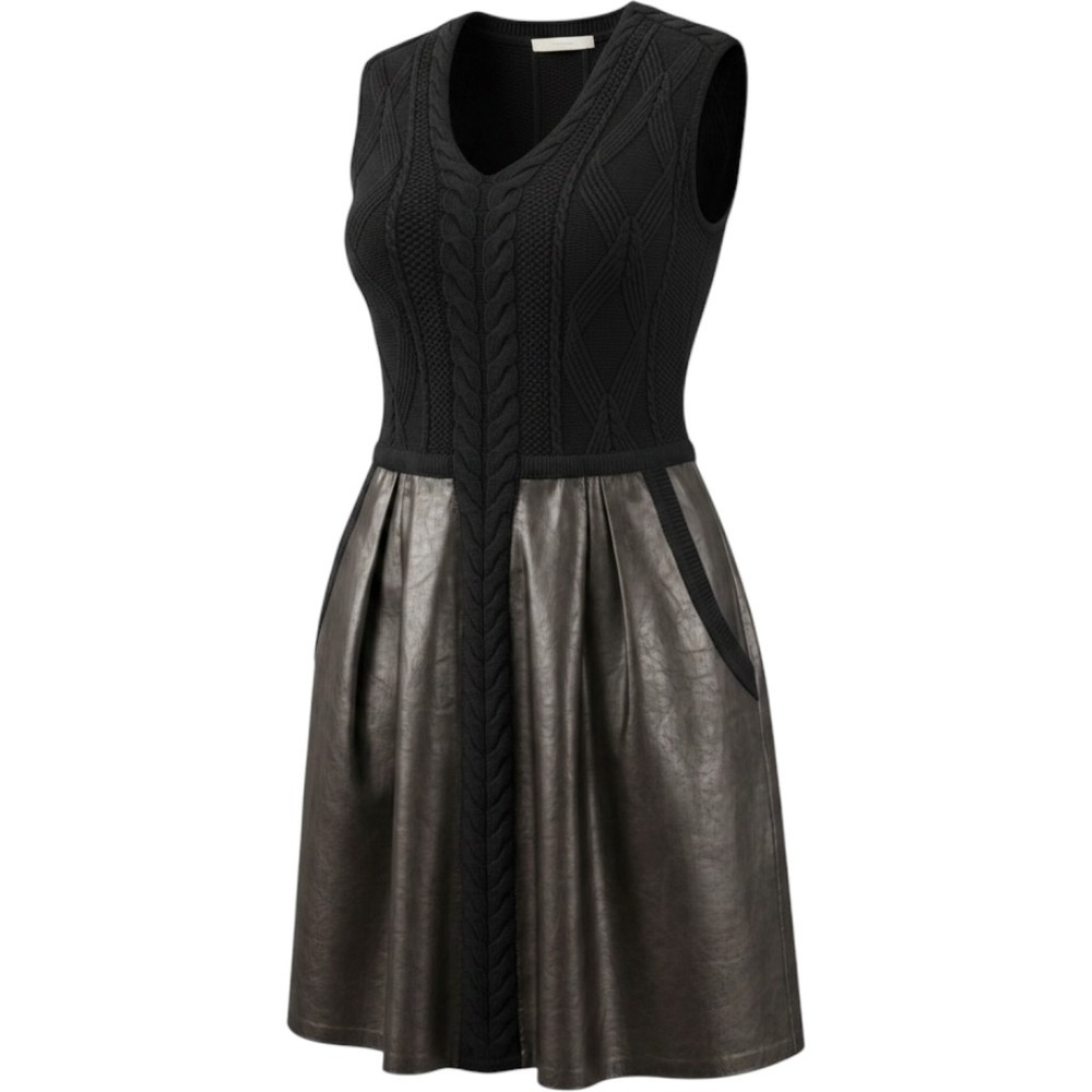 Cluny Black Wool Knit Leather A-Line Dress V-Neck Sleeveless Knee XS